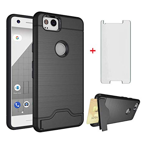 Google Pixel 2 Wallet Phone Case with Tempered Glass Screen Protector Cell Accessories Credit Card Holder Slot Stand Kickstand Hybrid Rugged Protective Hard Cover for Pixel2 Pixle Two G011A Women Men