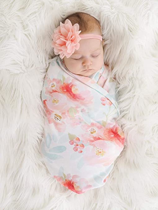 XMWEALTHY Baby Swaddle Receiving Blanket Sets with Floral Headband Soft Newborn Wrap Blanket Baby Girls Boys Floral Blanket New Flower
