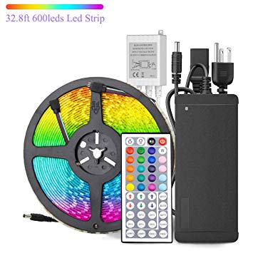 YIPBOWPT Led Strip Light Waterproof 32.8ft RGB SMD 5050 600leds Led Rope Light Color Changing Full Kit with 44 Keys IR Remote Control 24V Power Supply Led Lighting for Kitchen Indoor