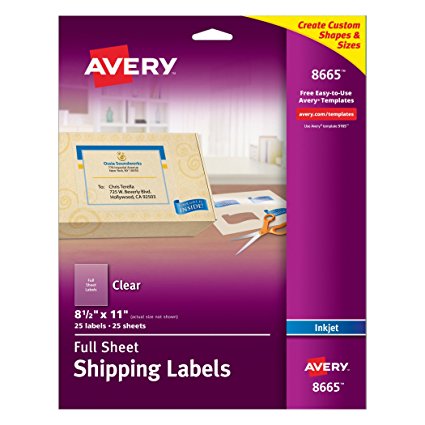 Avery Clear Full-Sheet Labels, Inkjet Printers, 8.5 x 11 Inches, Pack of 25 (8665)