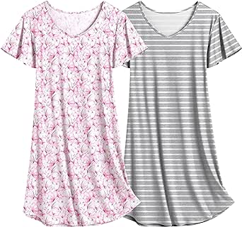 Ekouaer 2 Pack Nightgowns for Women Flare Short Sleeve Sleepshirt V Neck Sleepwear Pajama Dress S-2XL