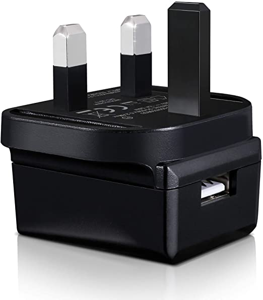 SOAIY 1PCS USB Plug Charger, 5V 1A USB Plug, UK Mains Charger, Black 3 Pin Plug for Baby Sound Machine, USB Fan, Mirror Lights
