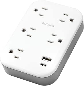 Philips EZFit 5-Outlet Extender Wall Tap with Surge Protection, Grounded Adapter, Charging Station, 3 Prong, Secure Install, Cruise Essentials, 1 USB-A, 1 USB-C, 900J, White, SPP3513W/37