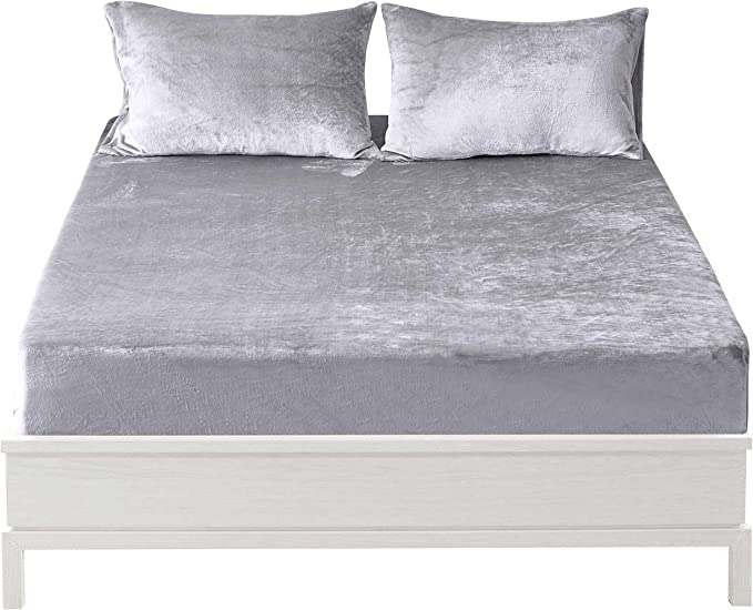 Jepson Fur Velour Flannel Fitted Bed Sheet Only 16 Inch Deep Pocket Stay On with Elastic Around Winter Warm Fuzzy Bottom Sheet,Twin Grey