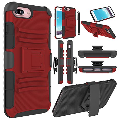 iPhone 7 Plus Case, iPhone 7 Plus Holster Case, EC™ Hybrid Armor Defender Full Body Protective Case Cover with Kickstand   Belt Clip for iPhone 7 Plus 5.5inch (Burgundy Red/Black)
