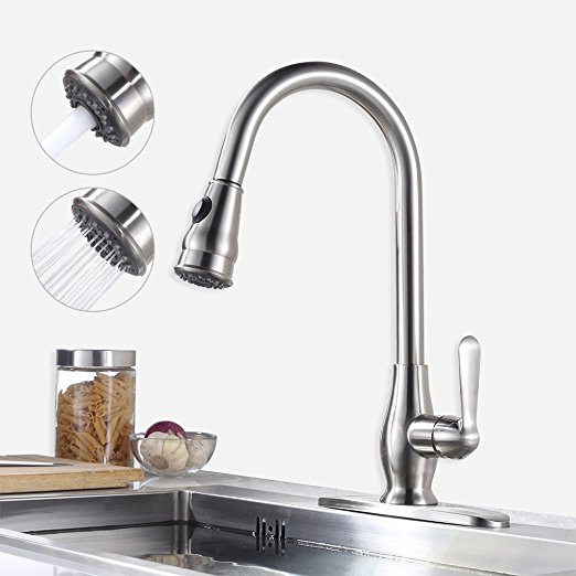 HOMELODY Lead Free Single Handle Pull Down Sprayer Kitchen Sink Faucet, Brushed Nickel Pull Out Kitchen Faucets with Deck Plate