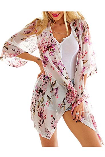 BB&KK Women's Kimono Cardigan Floral Chiffon Casual Cover Ups Boho-Chic Style Beach Blouse S-3XL