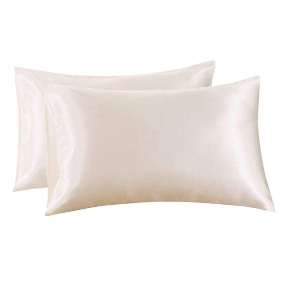 Ethlomoer 2-Pack Luxury Smooth Satin Pillowcase for Hair and Skin, Soft Breathable with Envelope Closure (King, Cream)