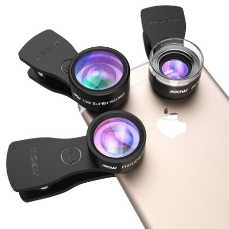 Mpow 3 in 1 Clip-On Lens Kits, 180 Degree Fisheye Lens   0.36X Wide Angle Lens   20X Macro Lens with 3 Separate Lens for iPhone 5 5s 6 6s SE plus, Samsung, HTC, etc
