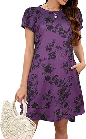 Bluetime Summer Dresses for Women 2024 Beach Floral Sundress Short Sleeve Pockets Casual Tshirt Dress