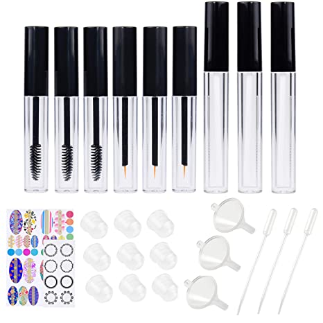 Kare & Kind 9 pcs. Empty Refillable Mascara Tube, Eyeliner Bottle, Lip Gloss Vials - Containers with Wands, Brushes, Rubber Inserts, Mini Dropper and Mini Funnel - Labels included