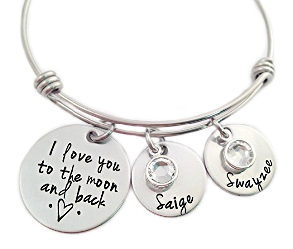 I Love You To The Moon And Back Bangle Bracelet - Hand Stamped Personalized Jewelry