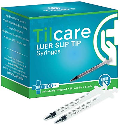 1ml Syringe Without Needle Luer Slip 100 Pack by Tilcare - Sterile Plastic Medicine Droppers for Children, Pets or Adults – Latex-Free Oral Medication Dispenser - Syringes for Glue and Epoxy