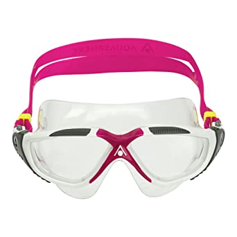 Aqua Sphere Vista Adult Unisex Swim Goggles - OneTouch Custom Fit, Wide Peripheral Vision - Durable Mask for Active Open Water Swimmers - Clear Lens, White/Raspberry Frame