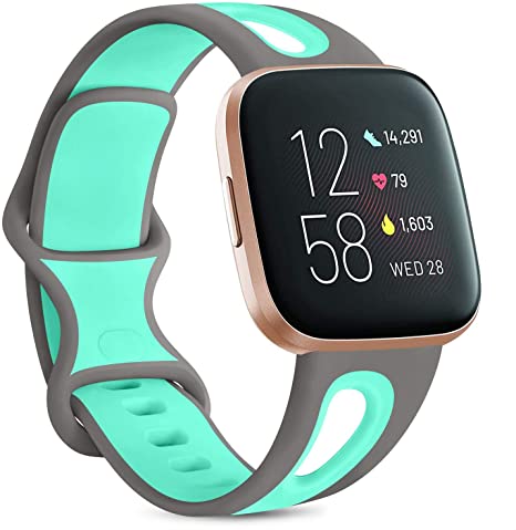 Sport Bands Compatible with Fitbit Versa 2 / Fitbit Versa/Versa Lite/Versa SE, Soft Silicone Waterproof Breathable Replacement Wristbands for Fitbit Versa Smart Watch Women Men (Grey/Teal, Small)