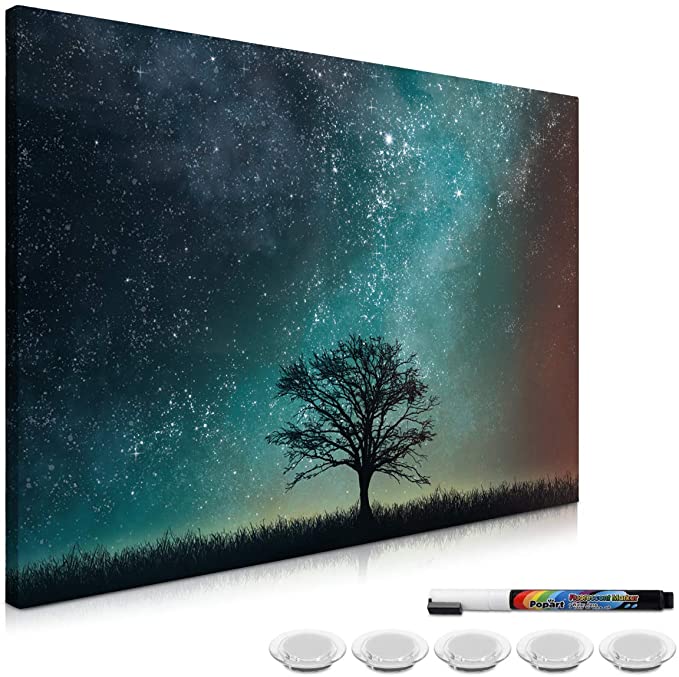 Navaris Magnetic Dry Erase Board - 16 x 24 inches Decorative White Board for Wall with Design, Includes 5 Magnets and Marker - Starry Sky and Tree