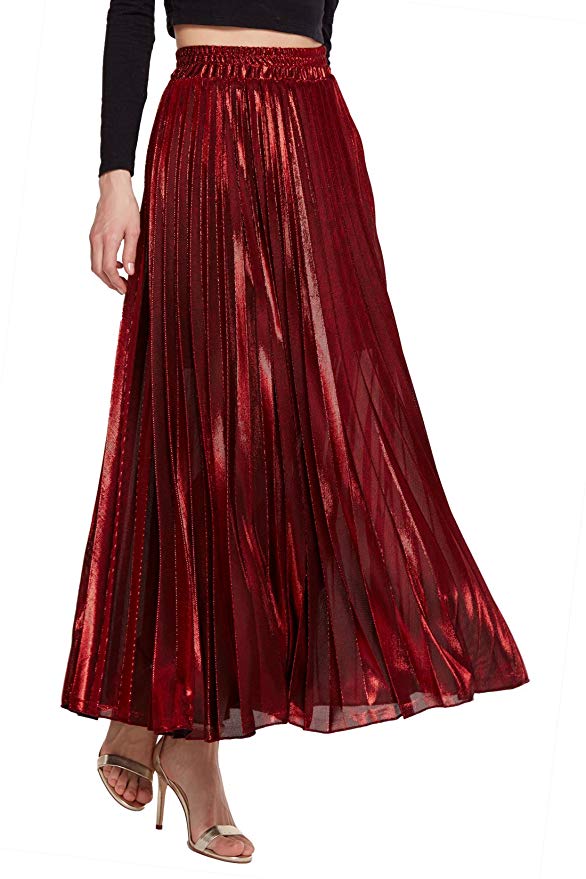 Chartou Women's Premium Metallic Shiny Shimmer Accordion Pleated Long Maxi Skirt