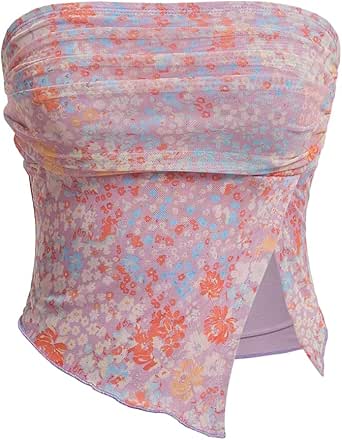 Milumia Women Floral Mesh Strapless Ruched Tube Top Split Hem Sleeveless Bandeau Crop Tops