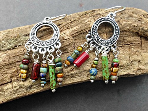 Sterling silver, medium size Czech glass earrings. Earth tones. Boho, Bohemian jewelry. Handmade jewelry, jewellery. Fashion, accessories.