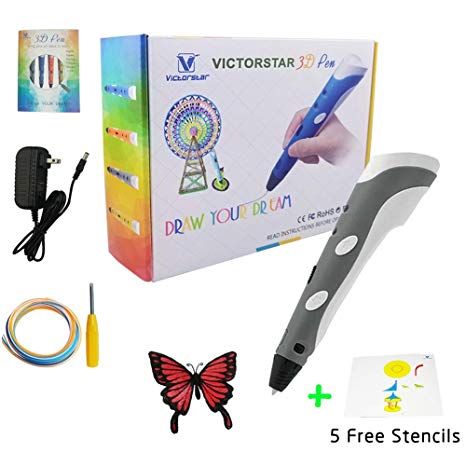 3D Pen with 5 Paper Stencils and Mini Screwdriver / Using Military Motor - VICTORSTAR RP100A Grey for 3D drawing 3D doodling/Compatible with ABS & PLA Filament   5 Stencils   Adapter   Filament   Screwdriver