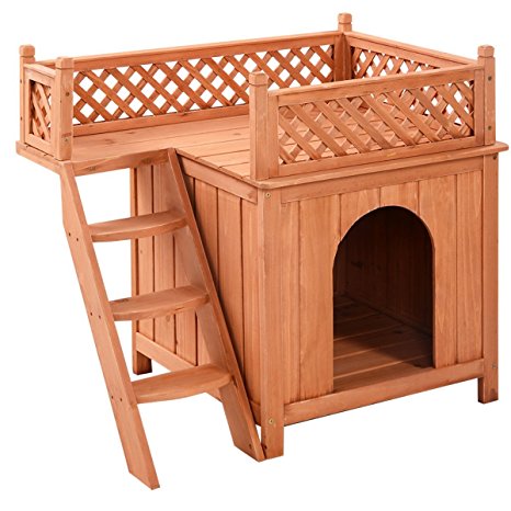 Giantex Wooden Puppy Pet Dog House Wood Room In/outdoor Raised Roof Balcony Bed Shelter