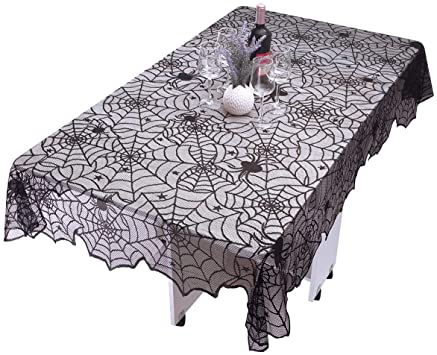 rockcloud Rectangular Polyester Lace Tablecloth Black Spider Web Table Topper for Halloween Decoration Dinner Parties 71 x 53 inches