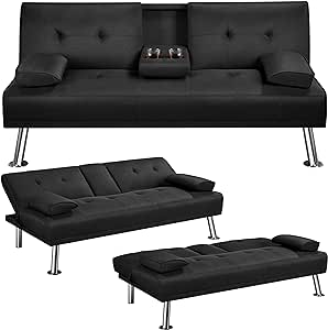 Yaheetech Sofa Bed,Fabric Click Clack Sofa Bed with 2 Cup Holders, Convertible Bed Settee, Futon Recliner Sofa for Living Room,Spare Room, Bed Room,Guest Room, Black