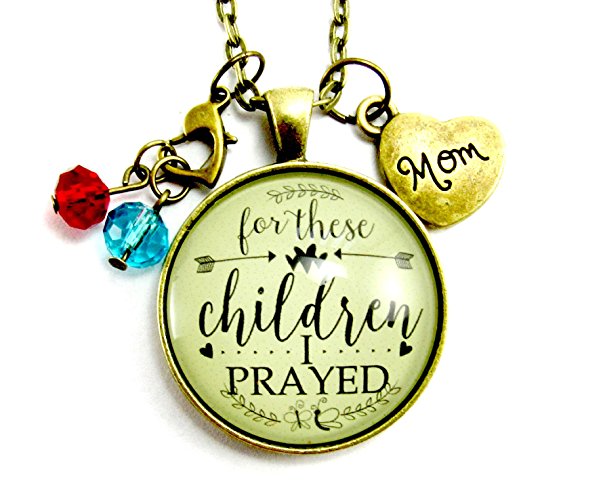 Personalized Christian Mom Necklace For These Children I Have Prayed, Mother's Custom Antique Style Glass Bronze Pendant with 2  Birthstones, Adoption Jewelry Blessed Mother's Day Gift