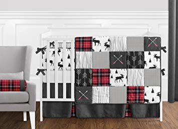 Grey, Black and Red Woodland Plaid and Arrow Rustic Patch Baby Boy Crib Bedding Set with Bumper by Sweet Jojo Designs - 9 Pieces - Flannel Moose Gray