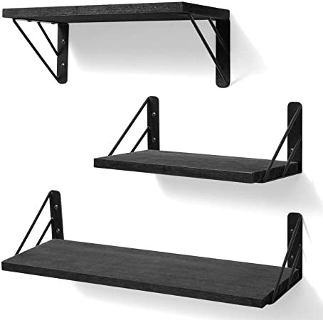 BAYKA Floating Shelves Wall Mounted, Rustic Wood Wall Shelves Decor Set of 3 for Bedroom, Bathroom, Living Room, Kitchen, Office, Laundry Room (Black)