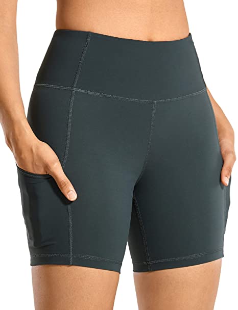 CRZ YOGA High Waisted Gym Biker Workout Shorts for Women Side Pockets Luxury Naked Feeling - 6 inches