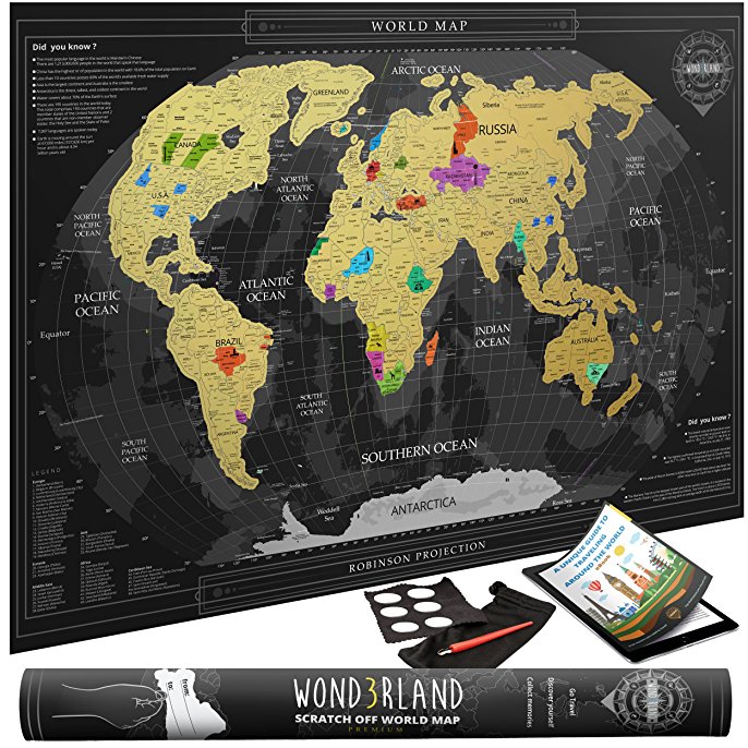 Premium Scratch Off Map of the World with outlined Canadian Provinces & US States | Gold Personalized Wall Map Poster | Deluxe Gift for Travelers & Travel Tracking | BONUS Adhesive Stickers   Scratching Tool   Wiping Cloth   Traveling eBook