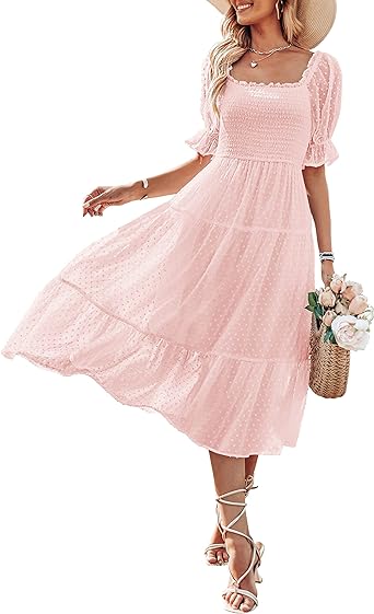 MEROKEETY Women's Summer Square Neck Puff Sleeve Boho Midi Dress Swiss Dot Ruffle Flowy Tie Back Dress