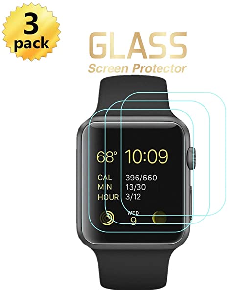 [3-Pack] Apple Watch 42mm Tempered Glass Screen Protector (Series 3 2 1) [9H Hardness] [Bubble Free] [Only Covers The Flat Area] Screen Protector Compatible Apple Watch 42mm