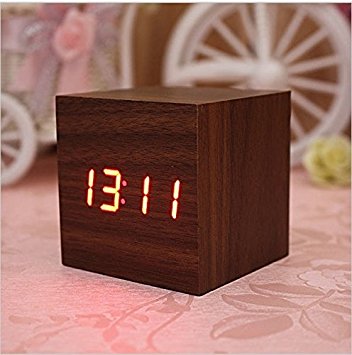 Digital Square Cube Mini Brown Wood Red LED Light Alarm Clock with Time and Temperature Display & Sound Control