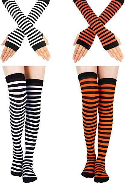 2 Set Women Long Striped Socks Arm Warmer Gloves Knee High Stockings for Cosplay