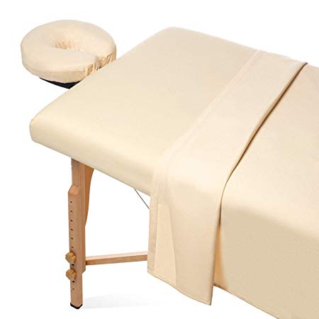Saloniture 3-Piece Flannel Massage Table Sheet Set - Soft Cotton Facial Bed Cover - Includes Flat and Fitted Sheets with Face Cradle Cover - Natural