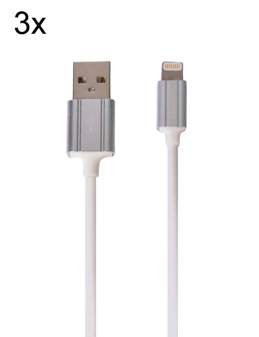 Pack of 3 KiwiBird® [Apple MFi Certified] Lightning to USB Cable 8 pin Sync Charging Cord (3ft) with Aluminum Head for Apple iPhone 6S/6 plus/6/5s/SE, iPad Mini 1 2 3, iPad White