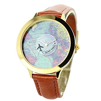 Fq-001 Airplane World Map Design PU Leather Strap Womens Quartz Causal Wrist Watches Brown 001