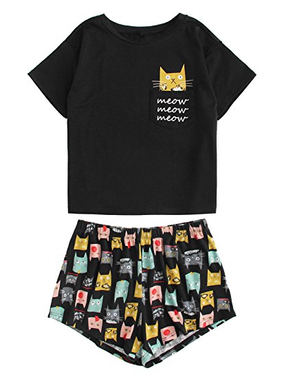 DIDK Women's Cute Cartoon Print Tee and Shorts Pajama Set