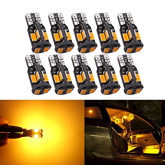 Antline 194 168 2825 T10 W5W Error Free LED Bulb Amber Yellow, Super Bright 300 Lumens 10-SMD 5730 Chipset LED Bulbs for Interior Dome Map Door Courtesy License Plate Lights, Pack of 10