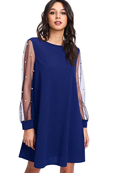 DIDK Women's Tunic Dress with Embroidered Floral Mesh Bishop Sleeve