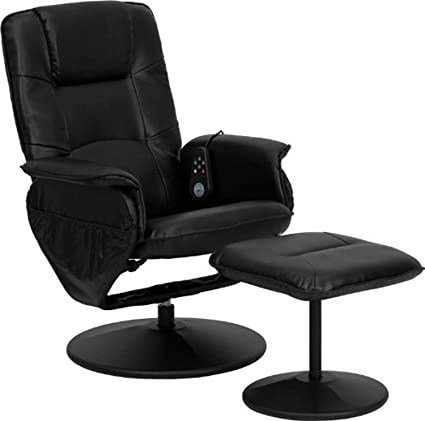 Flash Furniture Massaging Multi-Position Recliner with Deep Side Pockets and Ottoman with Wrapped Base in Black Leather