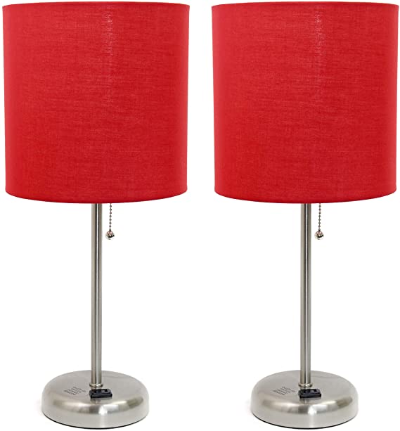Brushed Steel Stick Lamp with Charging Outlet and Red Fabric Shade 2 Pack Set