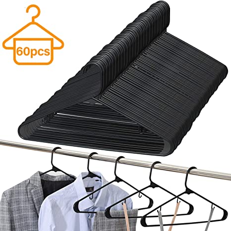 BAGAIL Black Plastic Hangers,Premium Heavy Duty Sleek Clothes Hangers, Space Saving Clothing Hangers (60 Pack Black)