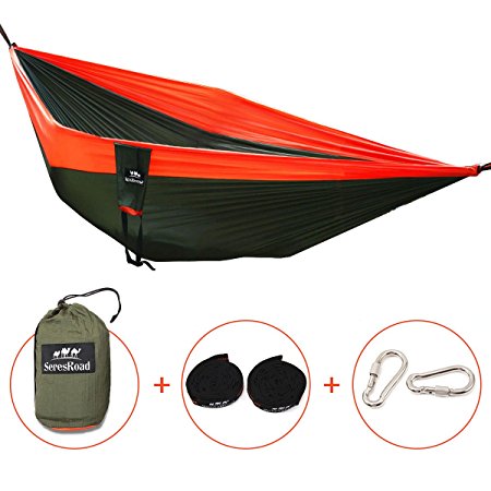 Hammock, SeresRoad Double Parachute Camping Hammock Lightweight Outdoor Weather Resistant Nylon Fabric Hammock w/Stretch Resistant Strap and Aluminum Carabiners for Backpacking Camping Survival Travel
