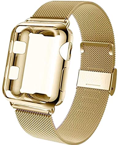 GBPOOT Compatible for Apple Watch Band 38mm 40mm 42mm 44mm with Screen Protector Case, Sports Wristband Strap Replacement Band with Protective Case for Iwatch Series 6/SE/5/4/3/2/1,44mm,Yellow Gold