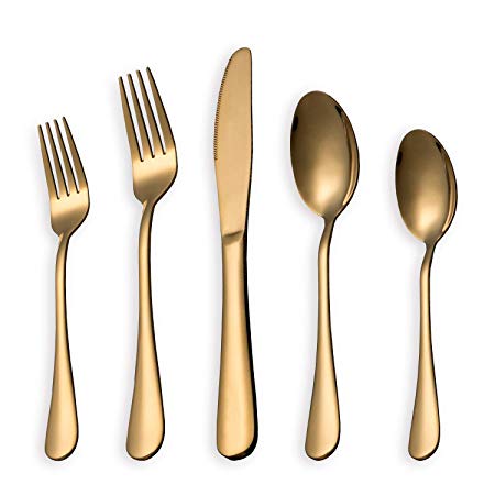 HOMQUEN 20-Piece Golden Set Service for 4, Stainless Steel Knives Forks Spoons Cutlery Set, Gold Titanium Tableware Set Dishwasher Safe(Shiny gold)