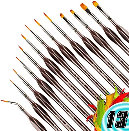 Detail Paint Brush Set, Rock Ninja 13pcs Thin Brushes for Fine Detailing & Art Painting - Acrylic,Watercolor, Oil Miniatures, Scale Models, Airplane Kits, Nail, Line Drawing, Warhammer 40k