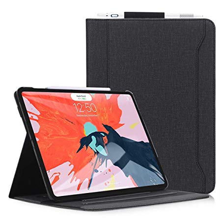Skycase iPad Pro 12.9 Case (2018), [Support Apple Pencile Charging] Canvas Multi-Angle Viewing Stand Folio Case for Apple iPad Pro 12.9 inch 2018, with Card Holders, Black